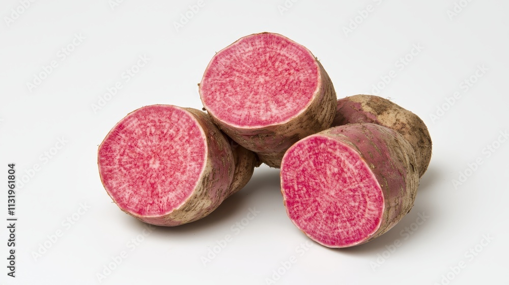 Naklejka premium Fresh Sliced Watermelon Radish with Vibrant Pink Interior Display