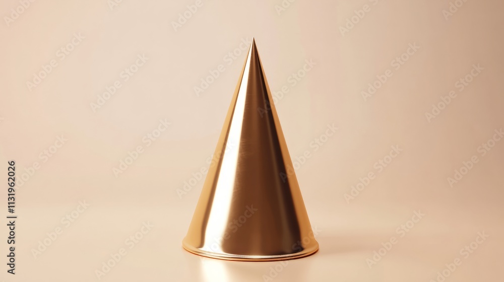 Fototapeta premium A minimalistic 3D rendering of a single metallic gold cone-shaped party hat on a polished neutral background realistic