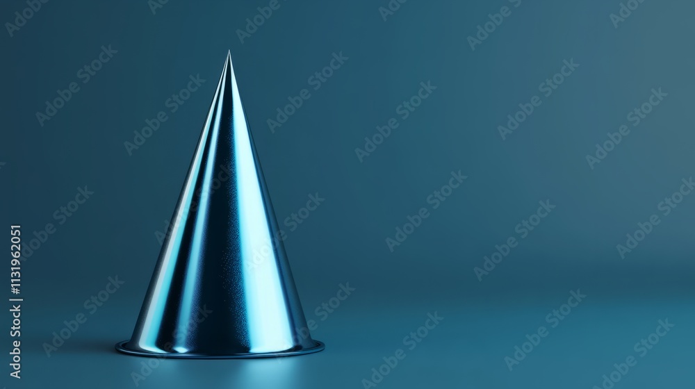 Fototapeta premium A minimalistic 3D rendering of a single metallic blue party hat with simple designs on a polished smooth background realistic