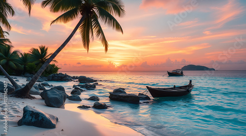 erene tropical beach at sunset, with golden and pink skies reflecting on calm turquoise waters, soft sandy shore lined with palm trees, and a traditional wooden fishing boat anchored near the horizon photo