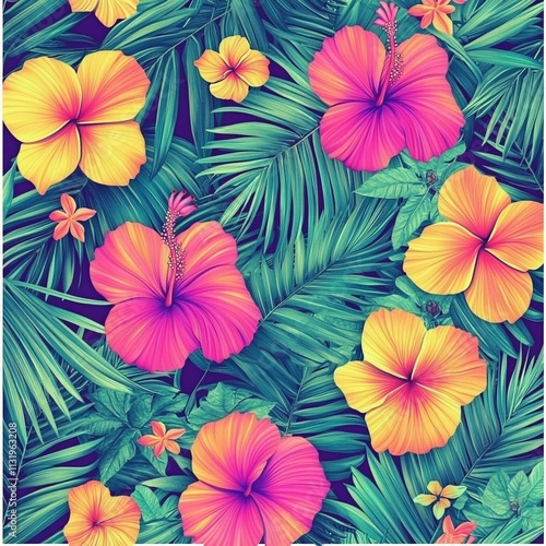 a vibrant seamless pattern with exotic tropical flowers such as hibiscus, bird of paradise, and plumeria photo