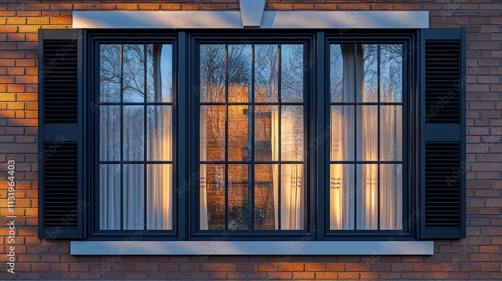 Obraz premium Sunset illuminating modern window with black shutters on brick wall.