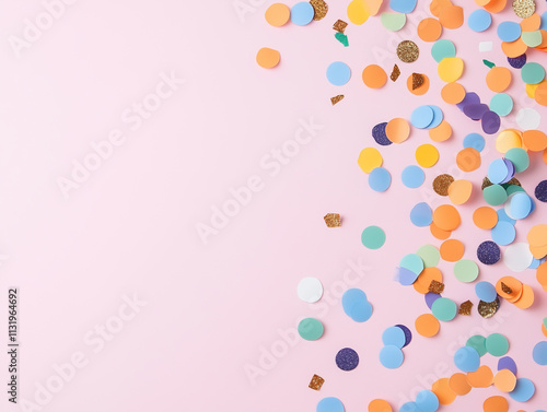 Colorful celebration background with party confetti on pink back