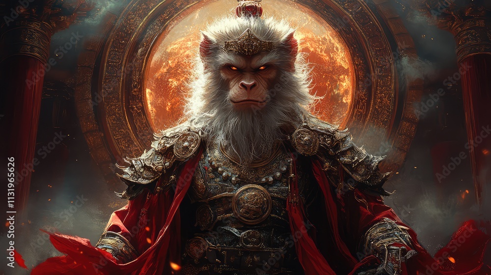 Fototapeta premium The Monkey King in full armor, standing in front of a magical portal, with an air of mystery and power around him