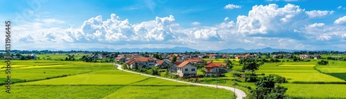 Wallpaper Mural A picturesque landscape featuring lush green rice fields, a winding path, and a serene village under a bright blue sky with fluffy clouds. Torontodigital.ca