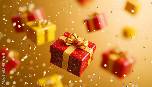 Wallpaper Mural Red and yellow gift boxes floating in golden confetti. Torontodigital.ca