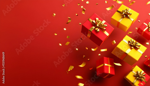 Red and yellow gift boxes with gold ribbons and confetti on red background.
