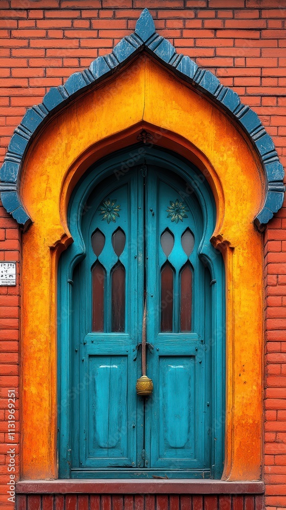 Fototapeta premium Teal arched door in orange frame on brick wall.