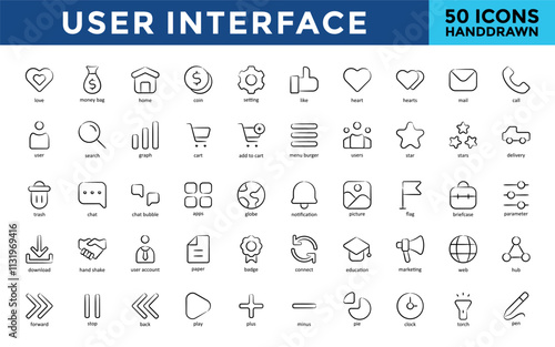 User Interface icons set with love, money bag, home, coin, setting, like, heart, hearts, mail, call icon. Simple handdrawn vector 
