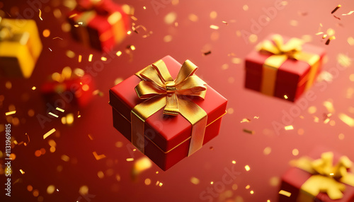 Wallpaper Mural Red gift boxes with gold ribbons and confetti falling on red background. (7) Torontodigital.ca