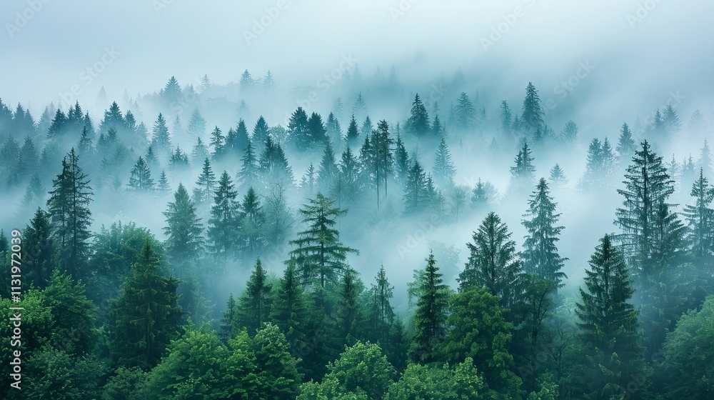 Fototapeta premium Misty Mountain Forest: A Serene Canopy of Evergreens Shrouded in Fog
