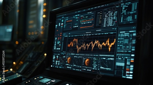 Wallpaper Mural Close-up of a computer monitor displaying financial data graphs and charts in a dark room. Torontodigital.ca