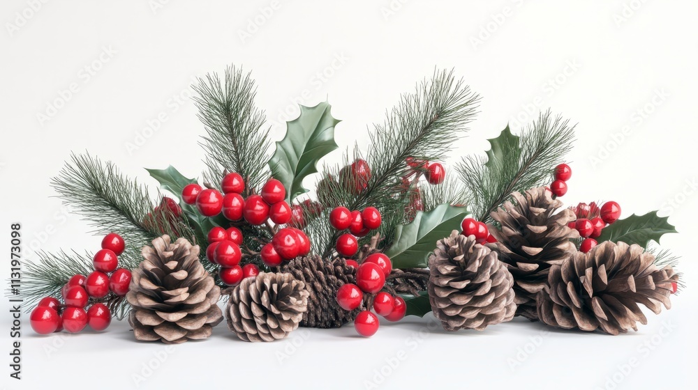 Fototapeta premium A realistic rendering of holly berries and pine cones for Christmas, perfectly isolated on a white surface