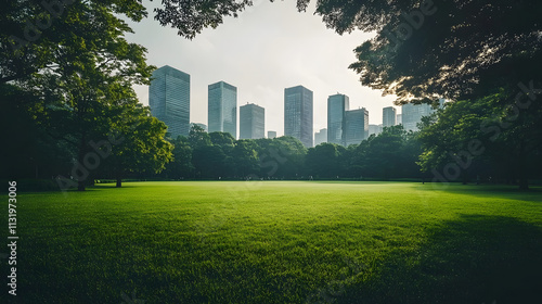 Fototapeta Naklejka Na Ścianę i Meble -  Serene City Park with Lush Greenery and Towering Skyscrapers in Background