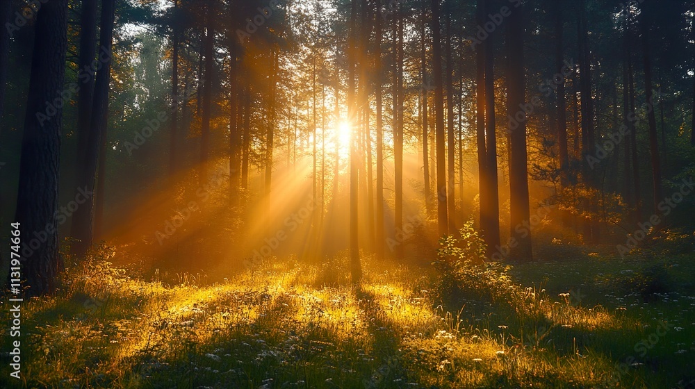 Obraz premium Sunrise in the Forest: Magical Golden Hour Landscape