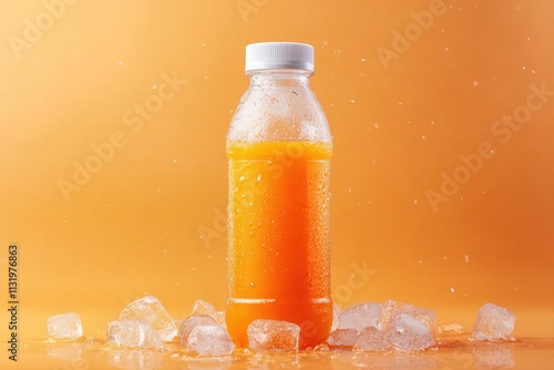 Refreshing juice in transparent plastic bottles on ice bright orange background beverage photography warm environment close-up shot sustainability concept for eco-friendly living photo