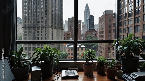 View from a plant-cluttered desk out a window into a rainy city