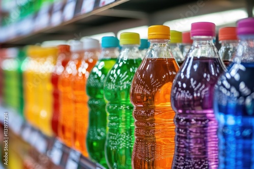 Colorful plastic bottles on store shelves beverage aisle display retail environment vibrant viewpoint concept of consumer choices in sustainable packaging photo