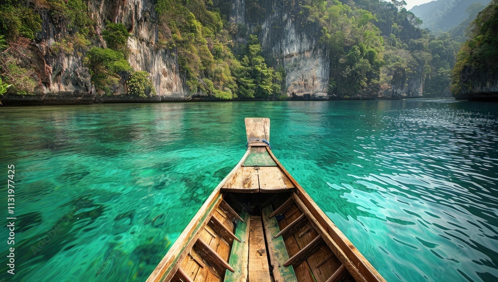 Obraz premium Wooden Boat Navigating Through Emerald Green Lagoon Cliffs