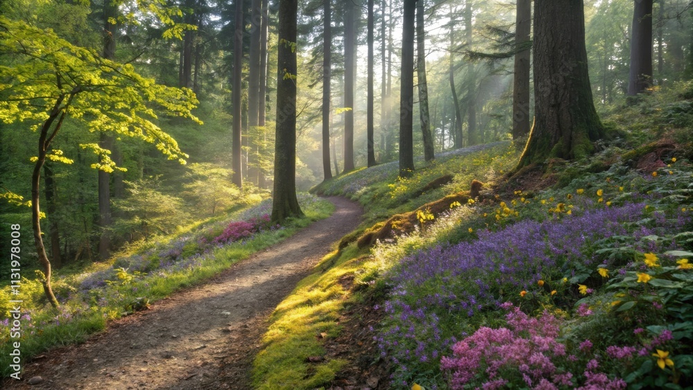 Obraz premium Sunbeams illuminating blooming flowers and vibrant moss along a winding path create a magical and serene atmosphere in a misty forest, inviting tranquility and beauty in nature