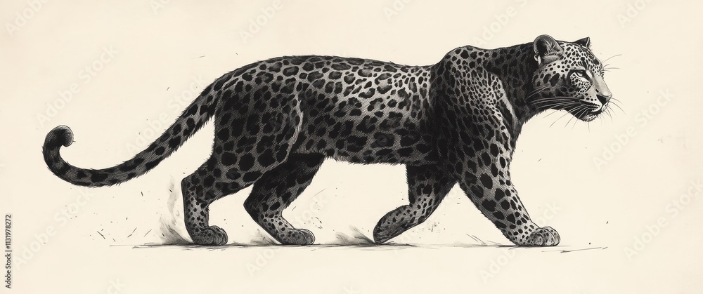 Obraz premium Leopard Walking Ink Illustration Vintage Etching Art Cat Wild Animal Silhouette