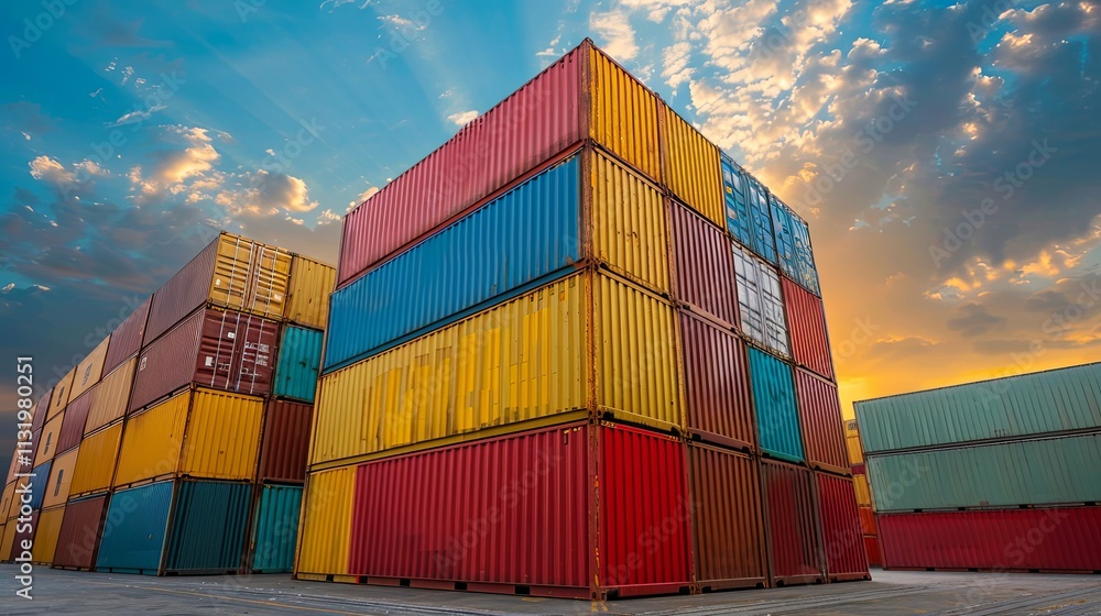 Fototapeta premium Stacked Cargo Containers at Sunset, Vibrant Colors and Dramatic Sky