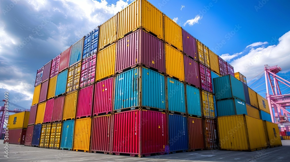 Fototapeta premium Stack of colorful shipping containers at a port under a cloudy sky.