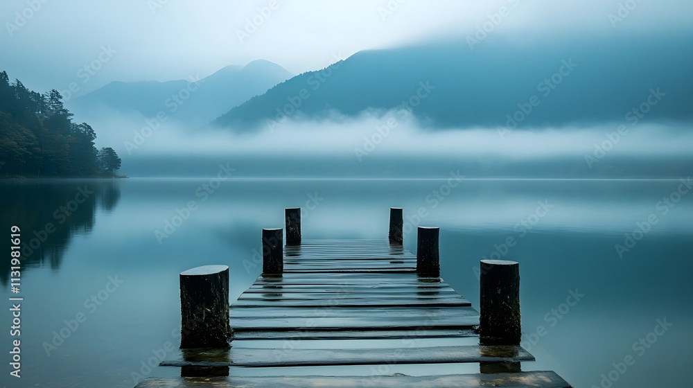 Obraz premium Misty Lake Morning: Serene Wooden Dock, Mountain View