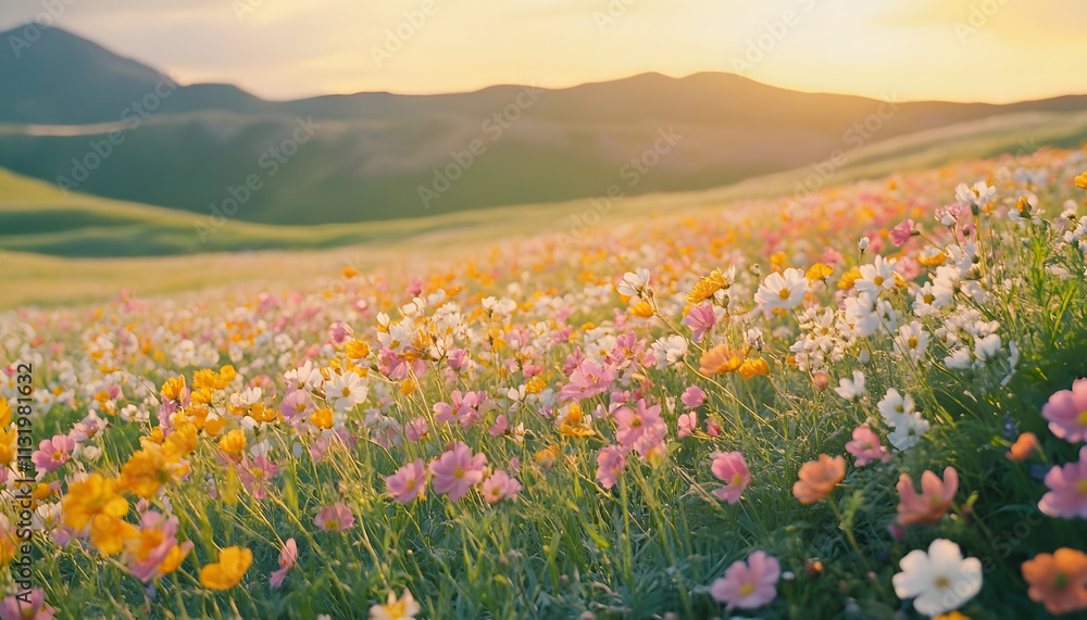 Fototapeta premium Sunset Wildflower Meadow Landscape