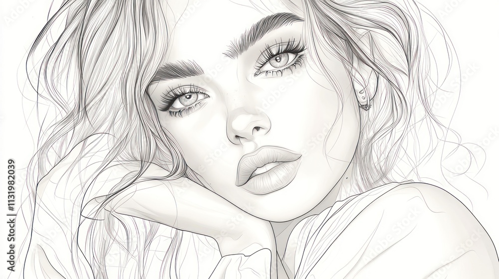 Fototapeta premium A close-up grayscale illustration of a woman's face with soft features, long wavy hair, and a contemplative expression.
