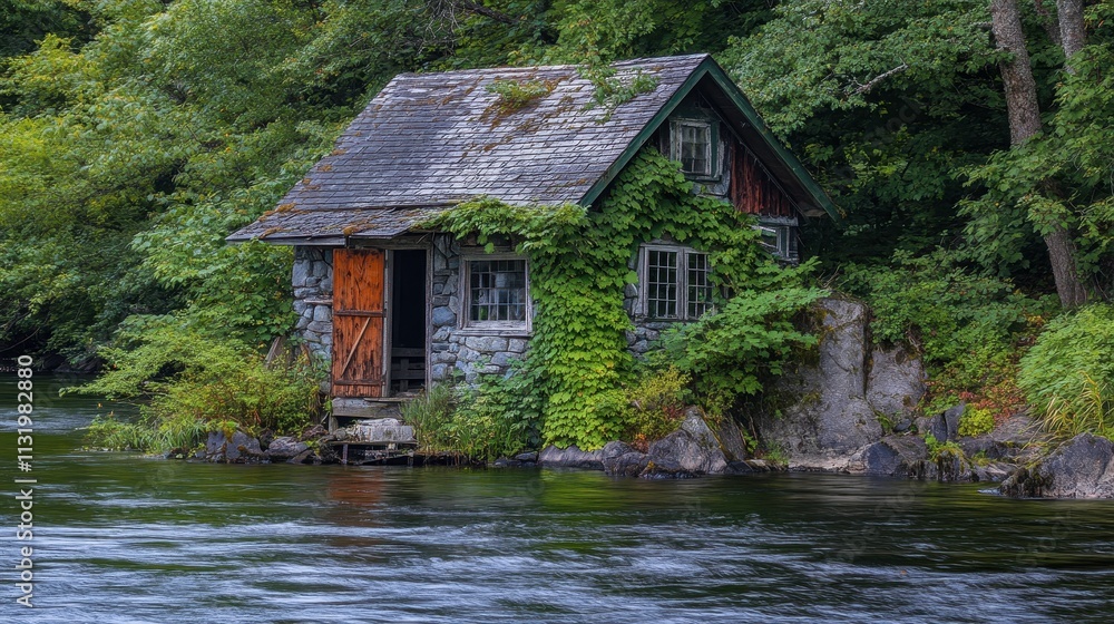 Obraz premium Cozy Cabin Surrounded by Lush Greenery