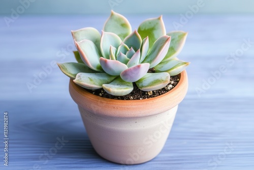 A succulent plant in a terracotta pot on a wooden surface.