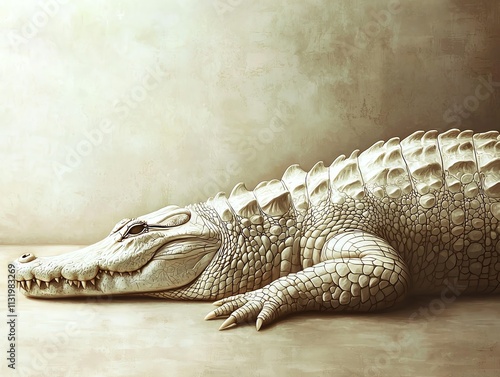 Inside the studio, a crocodile basking on a sandy riverbank is arranged against a blurred background of reeds and water, captured with sharp lighting to enhance its rough texture