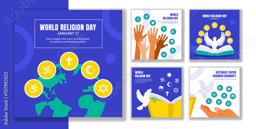 World Religion Day Celebration Social Media Post Template in Flat Cartoon Style