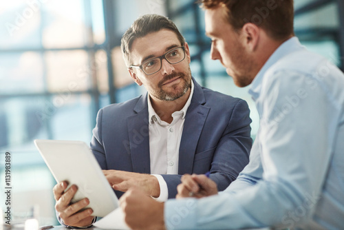 Tablet, collaboration and business men in office for meeting with online stock market investment. Discussion, team and financial advisors with digital technology for company capital gain proposal.