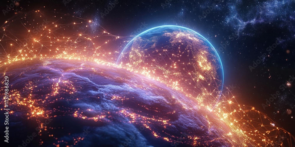 Obraz premium Global Digital Network Map Earth Connectivity Satellite Technology Cyber Communication Data Transfer