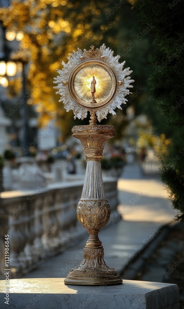 Obraz premium Eucharistic symbol, church monstrance embodying spiritual reverence, consecrated host for adoration, representing connection between believers and sacred through worship and prayer.