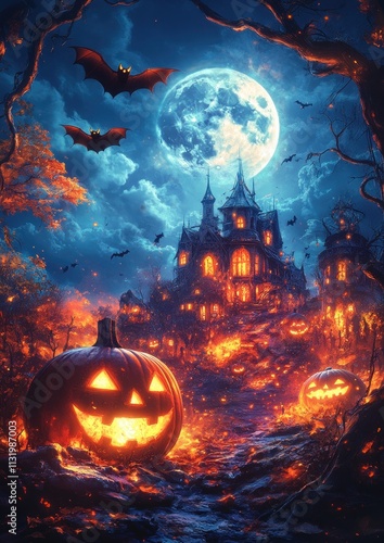 Halloween Scene with Glowing Pumpkins Bats Full Moon Twisted Branches Dark Fantasy Art