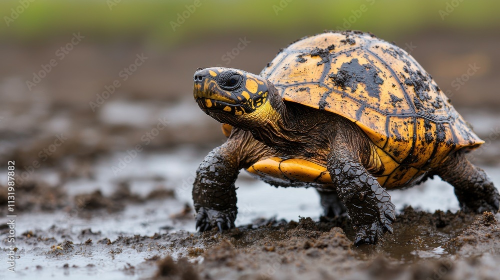 Obraz premium A tortoise crawls across muddy terrain, showcasing its distinctive shell and vibrant colors in a natural setting.