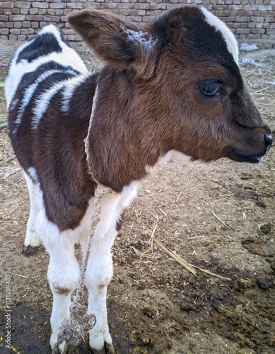 A Close Up Of A Young Calf With A Distinctive Brown And White Spotted Coat The Calf Stands On a Dirt Ground With Straw And Grass