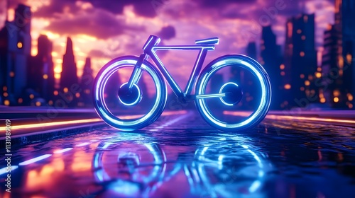 neon bike, futuristic cityscape sunset - neon/synthwave aesthetics photo