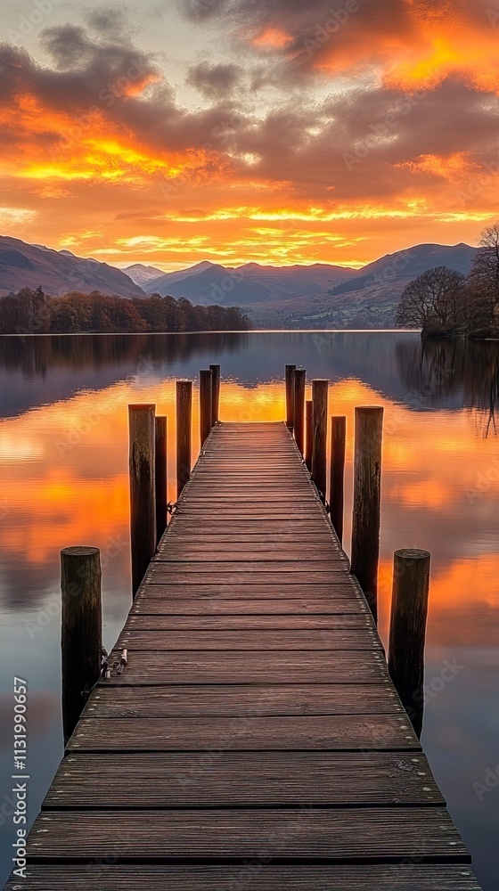 Fototapeta premium Golden Hour Reflection on Serene Lake with Wooden Dock, Golden Hour Outdoor Photography, New Year's day, New Year's Eve 