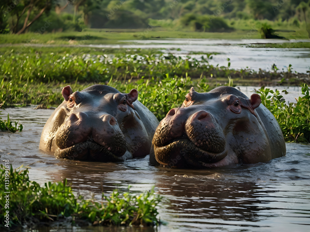 Fototapeta premium A dynamic river scene showcasing a pod of hippos partially submerged in the water. The muddy riverbanks are dotted with lush green vegetation.