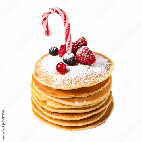 Delicious Stack of Pancakes with Berries  Candy Cane  and Powdered Sugar   Festive Breakfa photo