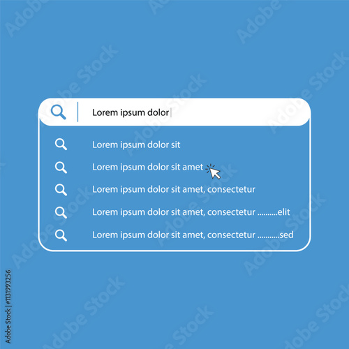 Search bar with suggestions and pop up list search results. Search form template for websites and ui interface. Search address and navigation bar icon.