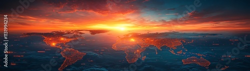 A breathtaking sunsetinfused world map, with radiant hues and futuristic digital accents, symbolizing global connectivity photo