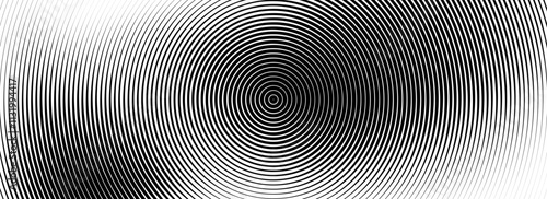 Black concentric circle texture. Radial geometric pattern background. Linear epicenter, radar or target concept. Round rippled ring wallpaper for brochure, template, poster, overlay. Vector backdrop