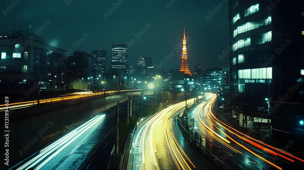 Fototapeta premium Tokyo Night Highway with Tower and City Lights