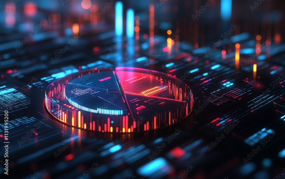 Obraz premium A futuristic 3D pie chart with metallic textures, displayed over a sophisticated financial report filled with complex data visualizations