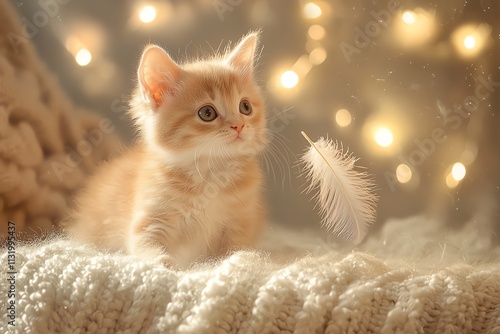 Cute orange kitten playing with a feather on a cozy blanket, surrounded by twinkling lights. photo